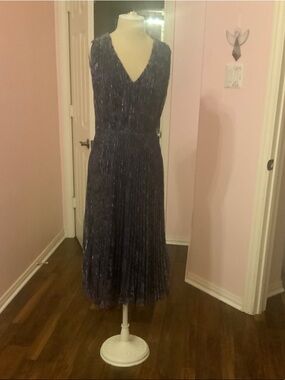 Johnny Was Navy Pleated V-Neck Midi Dress
